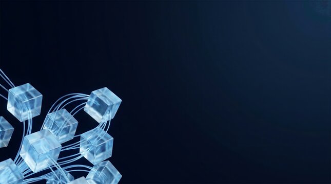Abstract cluster of frosted glass cubes connected by curved blue cables on dark backdrop for blockchain and decentralized network designs
