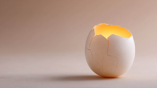 Glowing cracked eggshell with a warm light emanating from within. A symbol of new beginnings and potential