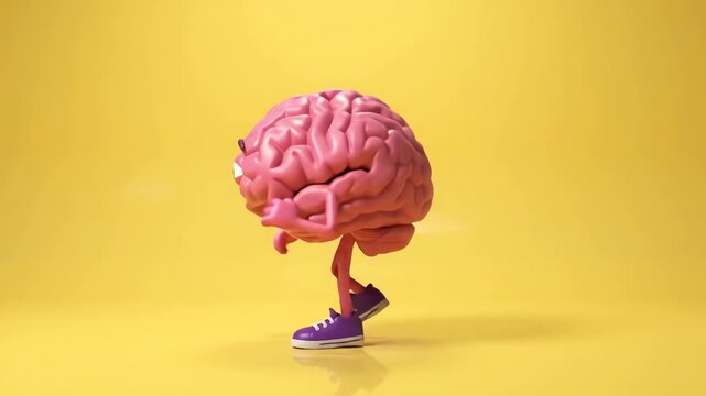 Cartoon brain character walking and rotating on yellow background