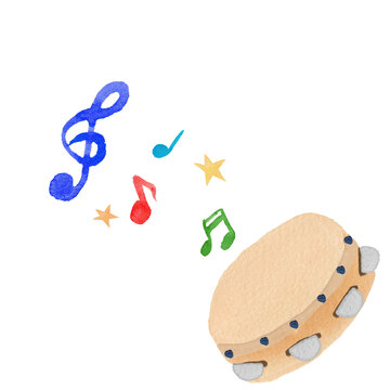 Watercolor illustrations of a tambourine, musical notes, a treble clef, and stars.