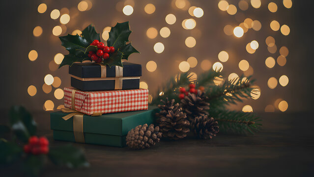 Elegant christmas gift box decorated with ribbon, berries and pine twigs, placed on a wooden table with candle and christmas tree branches, Christmas 2027 anner, poster, created with generative ai