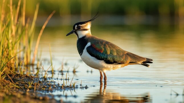 Lapwing bird stands in shallow water near grassy shore. Warm sunlight reflects on calm lake surface. Birding, nature, wildlife scene captures feathered animal in wetland habitat.