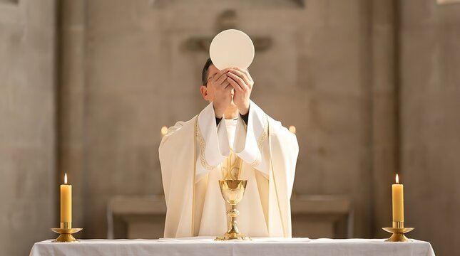 Priest holding up a communion wafer during a religious ceremony in a church
