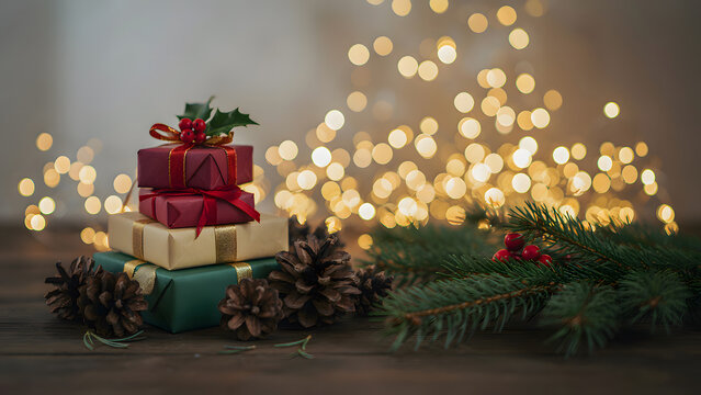 Elegant christmas gift box decorated with ribbon, berries and pine twigs, placed on a wooden table with candle and christmas tree branches, Christmas 2027 anner, poster, created with generative ai