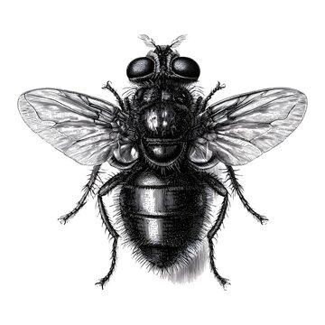 Detailed black and white engraving illustration of a common housefly, Musca domestica, viewed from above against a white background