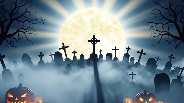 scary graveyard scene with glowing pumpkins

