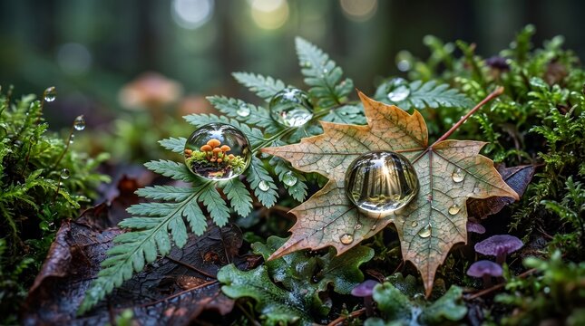 Macro water droplets reflecting forest scenery
