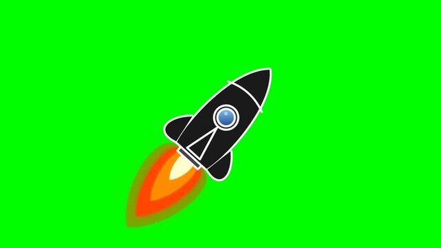 Animated Rocket Launching Upwards with Fiery Exhaust on Green Screen Background
