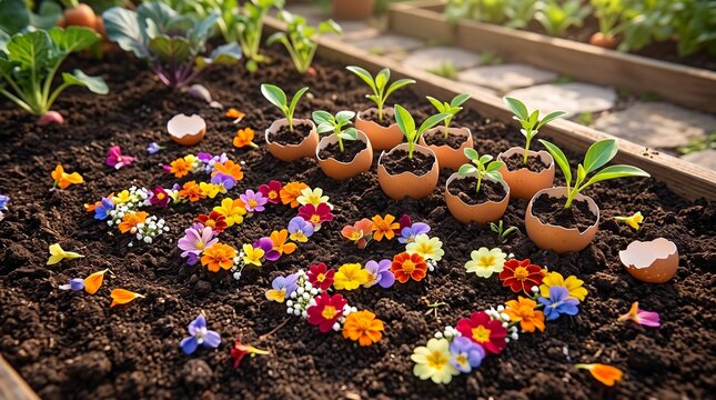 Young sprouts growing inside recycled eggshells
