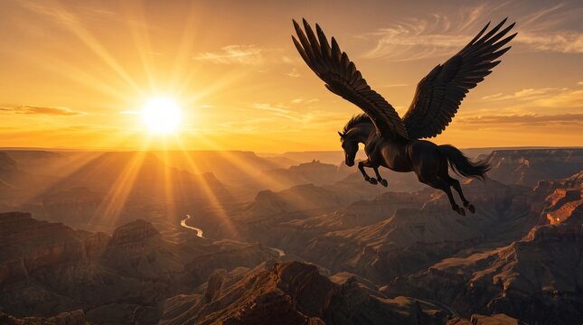 A majestic pegasus soaring over canyon
