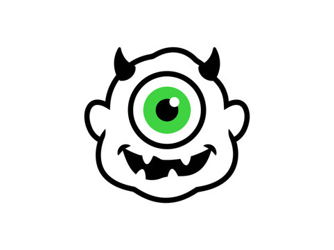 Cyclops monster head icon with one large green eye and horns smiles in a clean cartoon outline style.