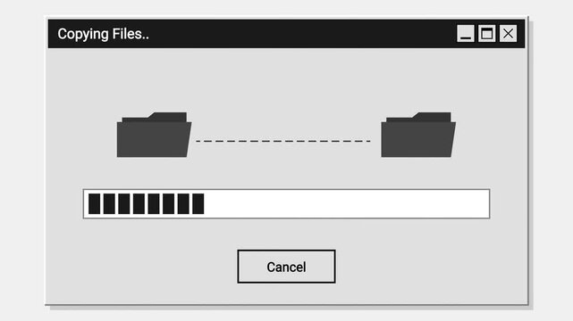 Computer screen shows file copy progress bar and cancel button animation on a gray background