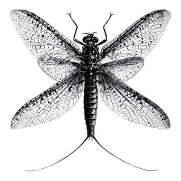 Detailed black and white illustration of a Mayfly insect with spread wings against a white background