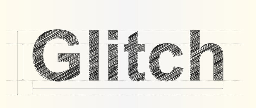 Creative hand drawn sketch design of the word glitch with technical dimension lines for project