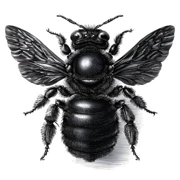 Detailed black and white engraving of a fuzzy bumblebee with wings spread wide