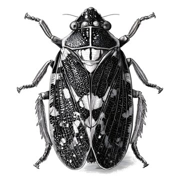 Detailed engraving illustration of a large, ornate cicada or planthopper insect in black and white, isolated on a white background