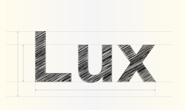 Creative hand drawn sketch typography of the word Lux with technical guidelines and measurement lines