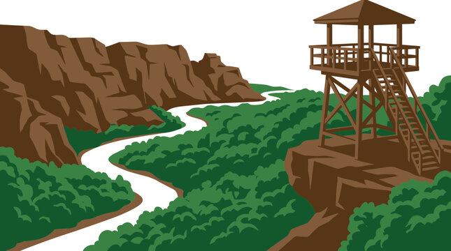 Scenic national park vector illustration featuring a winding river, dense forest, cliffs, and a wooden lookout tower