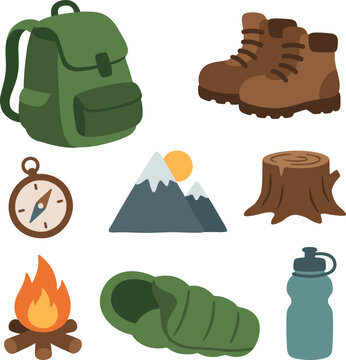 Set of hiking design elements with camping icons: backpack, boots, compass, mountains, campfire, sleeping bag and water bottle on white background
