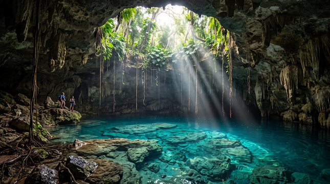 Spectacular underground cenote with glowing turquoise water and dramatic sunbeams illuminating a natural limestone cave and hanging vines