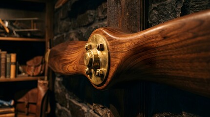 Naklejka premium Classic Wooden Rifle Stock with Brass Fitting in Rustic Setting
