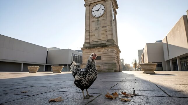 Hen Exploring a Historic Clock Tower Plaza