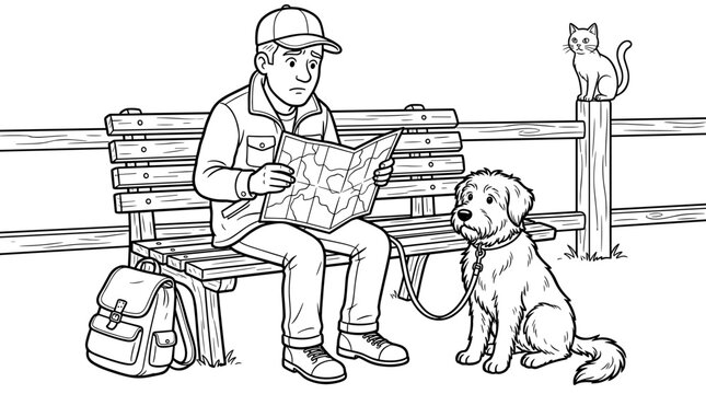 Man with map and dog on park bench, cat on fence post, cartoon style, black and white line art