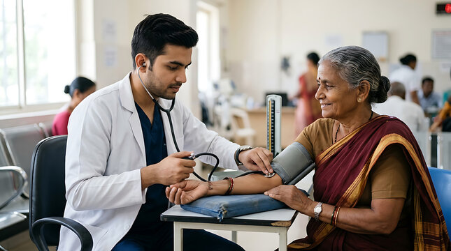 Compassionate medical professional measuring elderly woman's blood pressure in a healthcare setting emphasizing elderly care and