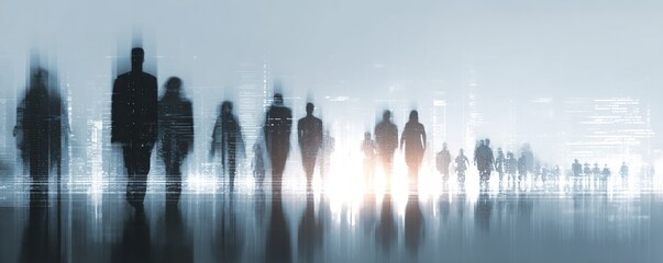 Fototapeta premium Blurred silhouettes of people walking in city street with copy space for metropolitan urban life concepts and modern business background designs