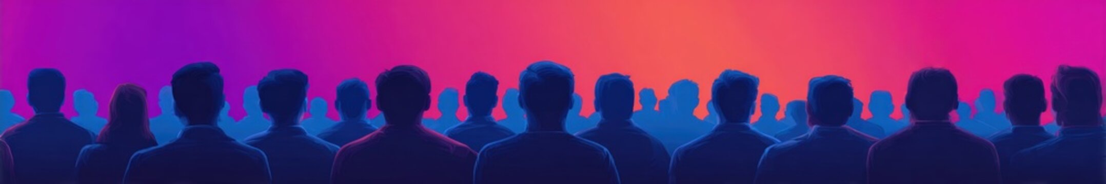 Silhouettes of crowd facing vibrant pink and orange gradient background with copy space for event promotion and concert marketing design