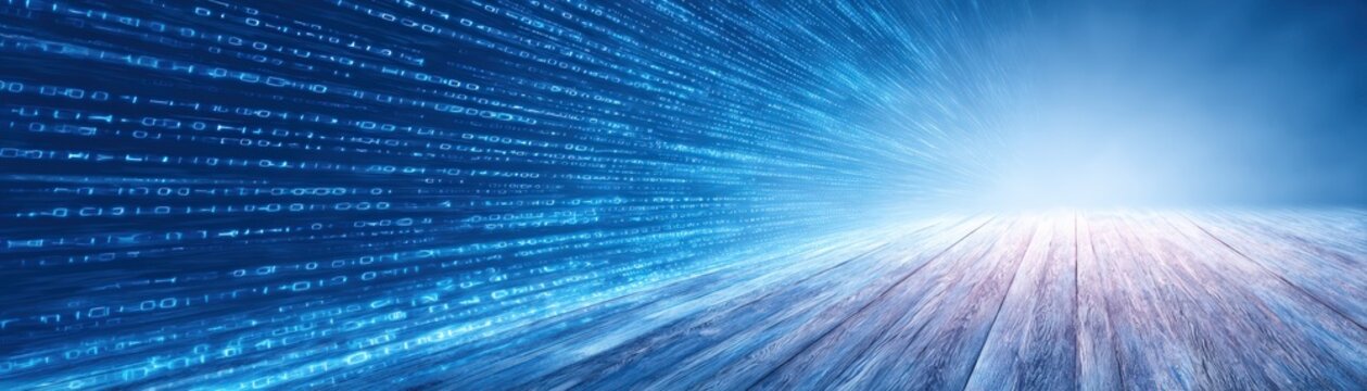 Digital binary code stream flowing over rustic wooden floor with copy space representing data processing and modern information technology concepts