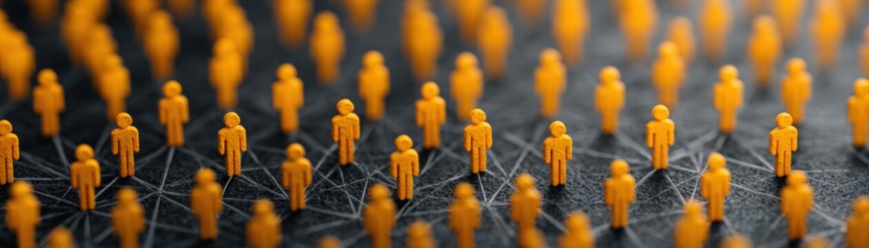 Yellow Human Figures Connected by Lines on Dark Textured Surface Representing Global Networking and Social Connectivity in Digital Communication Systems