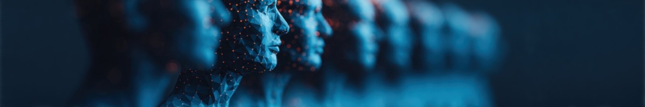 Row of human heads with digital data particles in blue light representing artificial intelligence and machine learning concepts for technology innovation