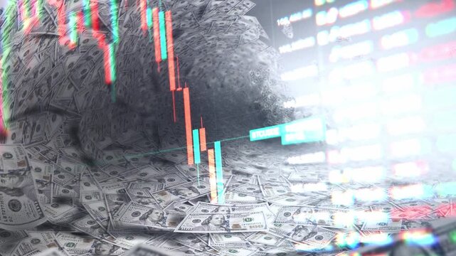 A dynamic timelapse video featuring fast moving stock market candlestick bars blended with dollars shaped like a massive tsunami wave, representing market volatility, cash inflow, and financial power.