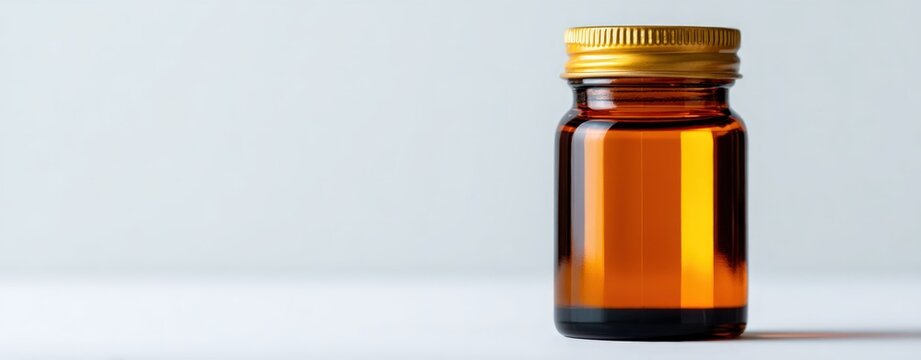 Amber glass medicine bottle with gold cap isolated on white background for pharmaceutical packaging and holistic wellness product design with copy space