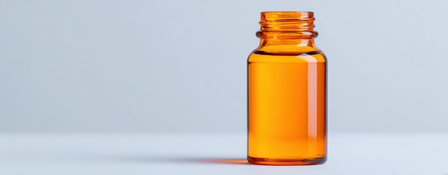 Empty amber glass medicine bottle on light grey background with copy space for pharmaceutical packaging and holistic health product design branding