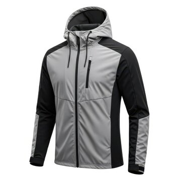 A gray and black hooded jacket with a zipper