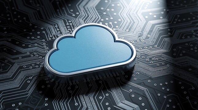 Blue cloud icon sits on dark electronic circuit board. Digital cloud computing symbol represents data storage, network connectivity, cyber security. Concept of cloud technology, internet service,