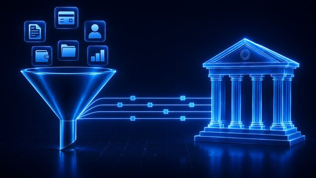 Financial data processing funnel converting business icons into digital streams feeding a bank building, representing fintech analytics and customer information sorting