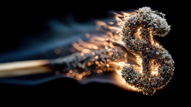 Burning Dollar Sign Symbol Made of Ash Embers Isolated on Black Background Representing Financial Crisis and Economic Collapse