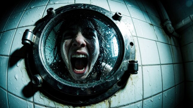Terrified face screams from inside dark metal porthole. Water drips on tiled wall creating unsettling horror scene. Trapped person shows distress and fear.