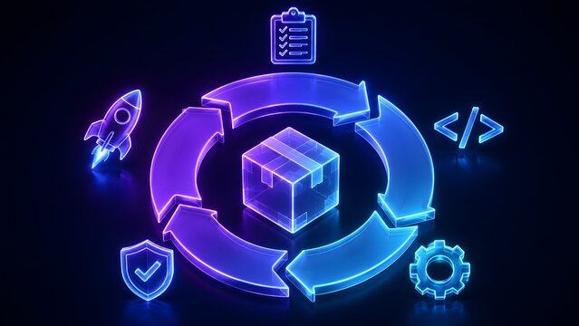 Software development lifecycle CI CD pipeline concept showing a continuous glowing loop with planning coding testing deployment and security icons around a digital product box