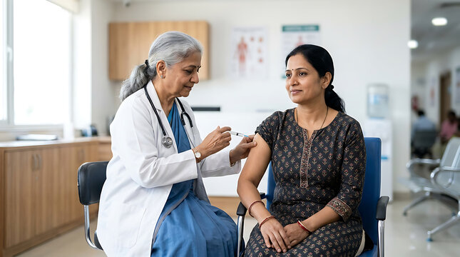 Medical Consultation Scene Showing a Healthcare Professional Administering a Shot to a Female Patient in a Clinic Environment