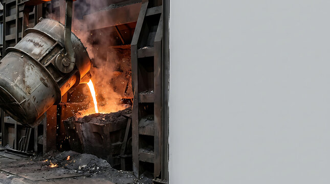 Molten metal pouring from a ladle into an industrial furnace in a heavy manufacturing steel plant