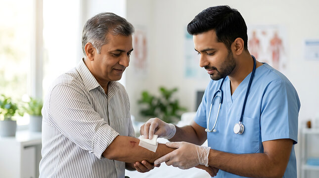 Compassionate medical professional providing wound care consultation to a senior male patient in a clinical setting