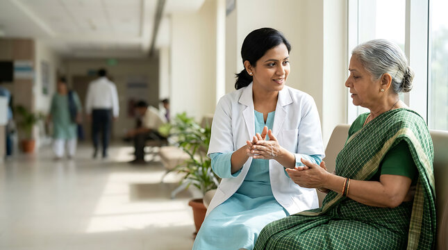 Compassionate healthcare professional engaging in supportive conversation with elderly patient in hospital corridor during daytime