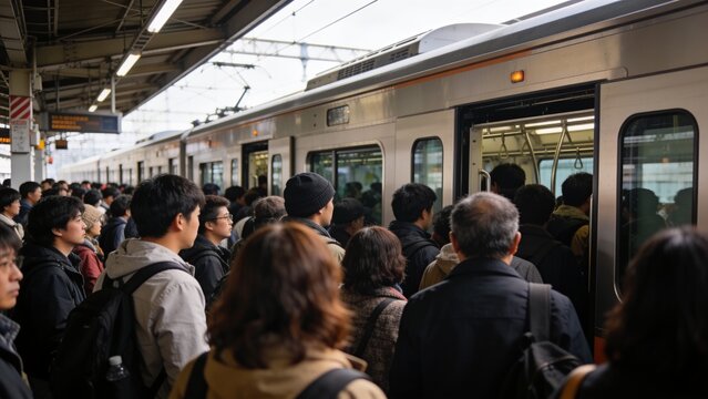 Rush Hour Commuters Boarding a Train at a Crowded City Platform