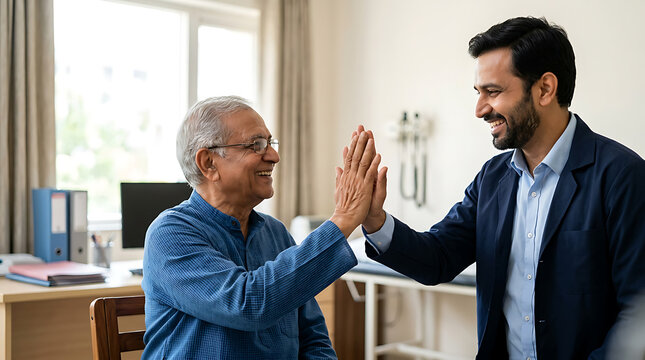 Joyful interaction between a healthcare professional and elderly patient in a medical office setting with cheerful smiles and