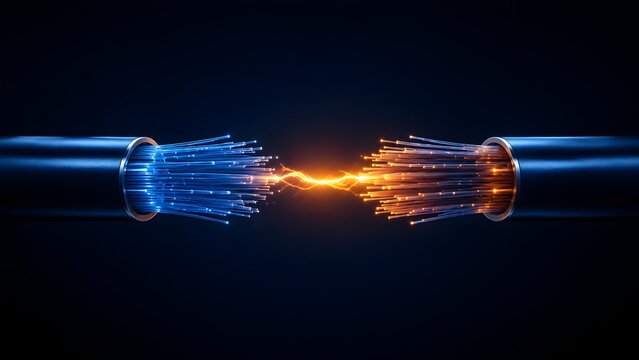 Two glowing fiber optic cables connecting with electric spark representing high speed data transfer and digital connection