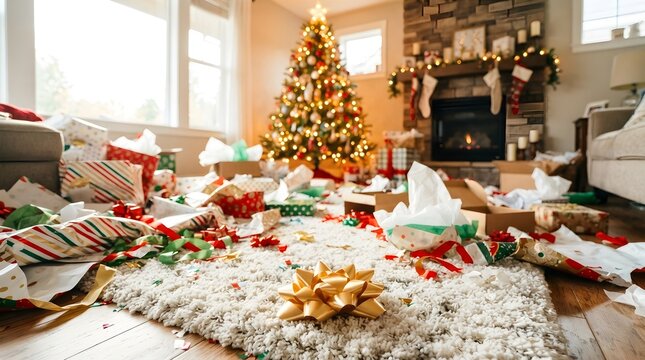 Messy Living Room with Christmas Tree and Gift Wrapping Chaos